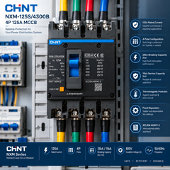 CHNT NXM-125S/4300B 4P 125A MCCB modular case circuit breaker shown in a technical product graphic with multicolored terminal wires and a dark blue information banner at the bottom.