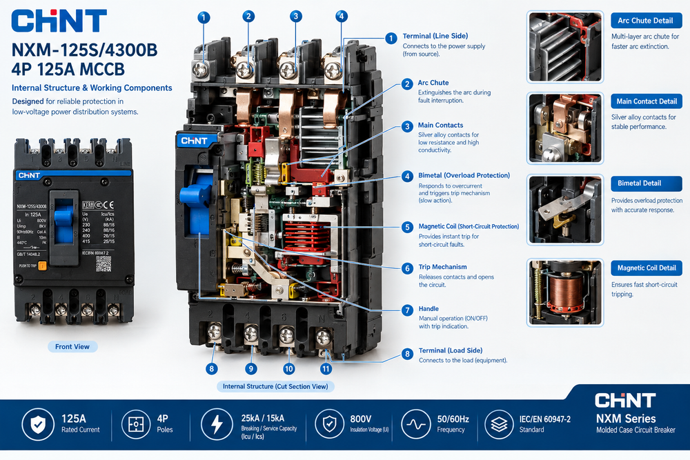 Technical product diagram of a CHNT NMX-125S/4300B 4P 125A MCC contactor, showing front view, internal structure, and labeled detail callouts on a white background.