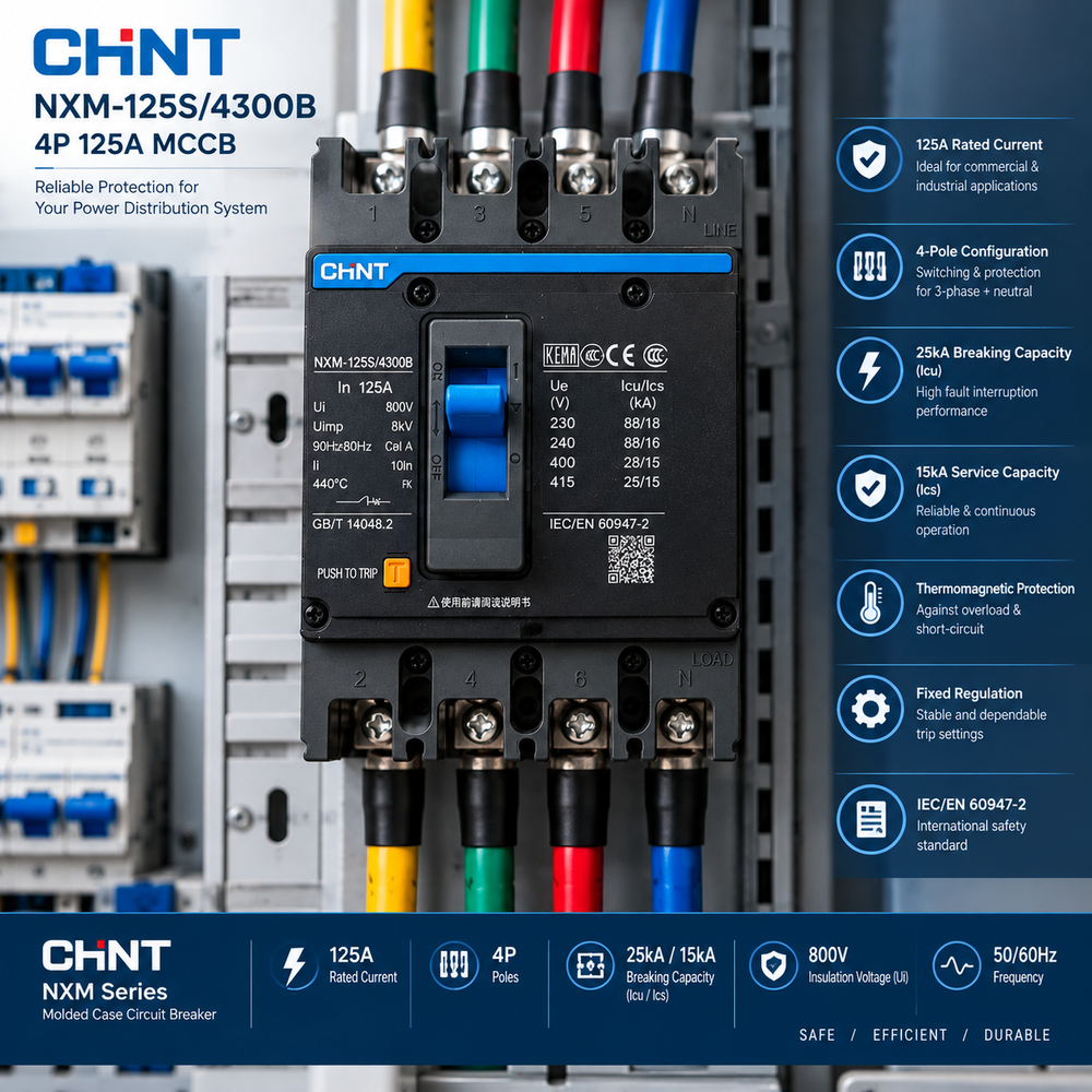 CHNT NXM-125S/4300B 4P 125A MCCB modular case circuit breaker shown in a technical product graphic with multicolored terminal wires and a dark blue information banner at the bottom.